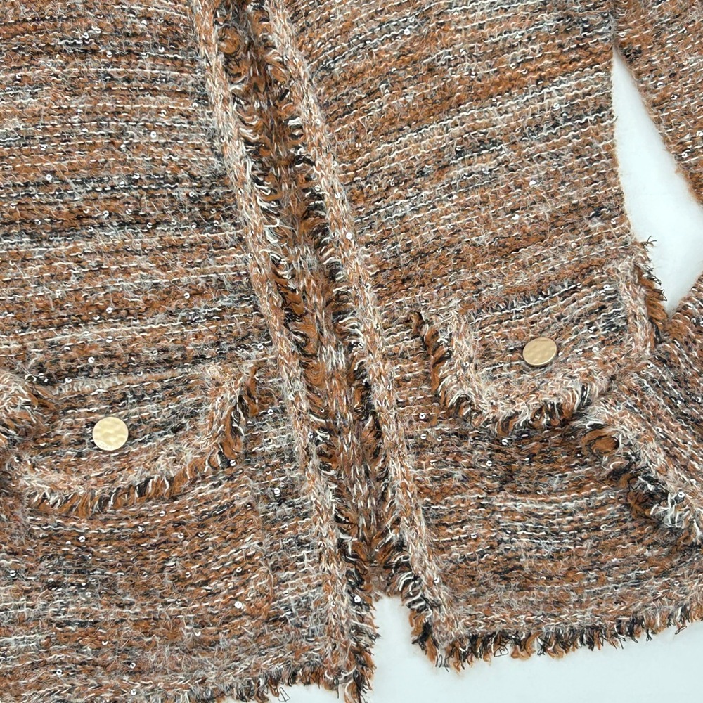 Sioni Bouclé Fringe Cardigan Brown Tweed Knit Jacket Gold Buttons XS Quiet Lux - Picture 4 of 11